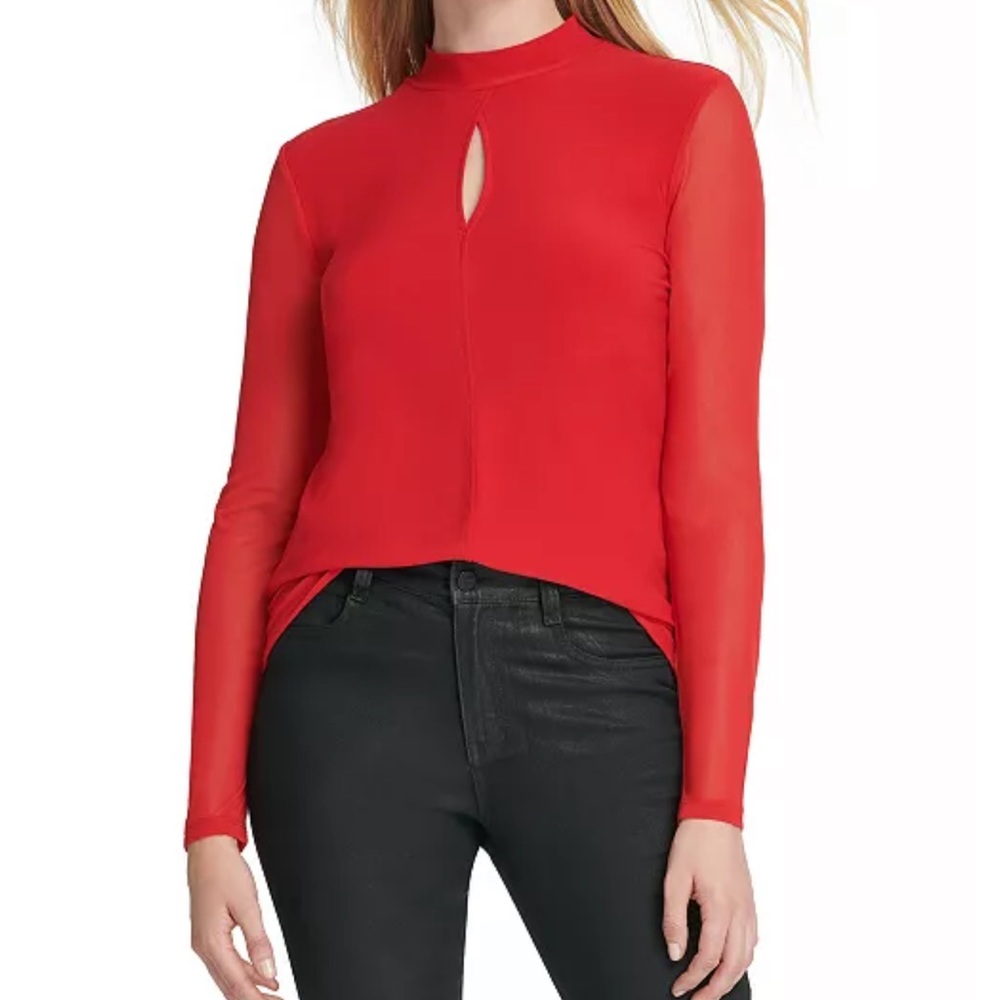 DKNY Mock Neck Key Hole Long Sleeve Shirt